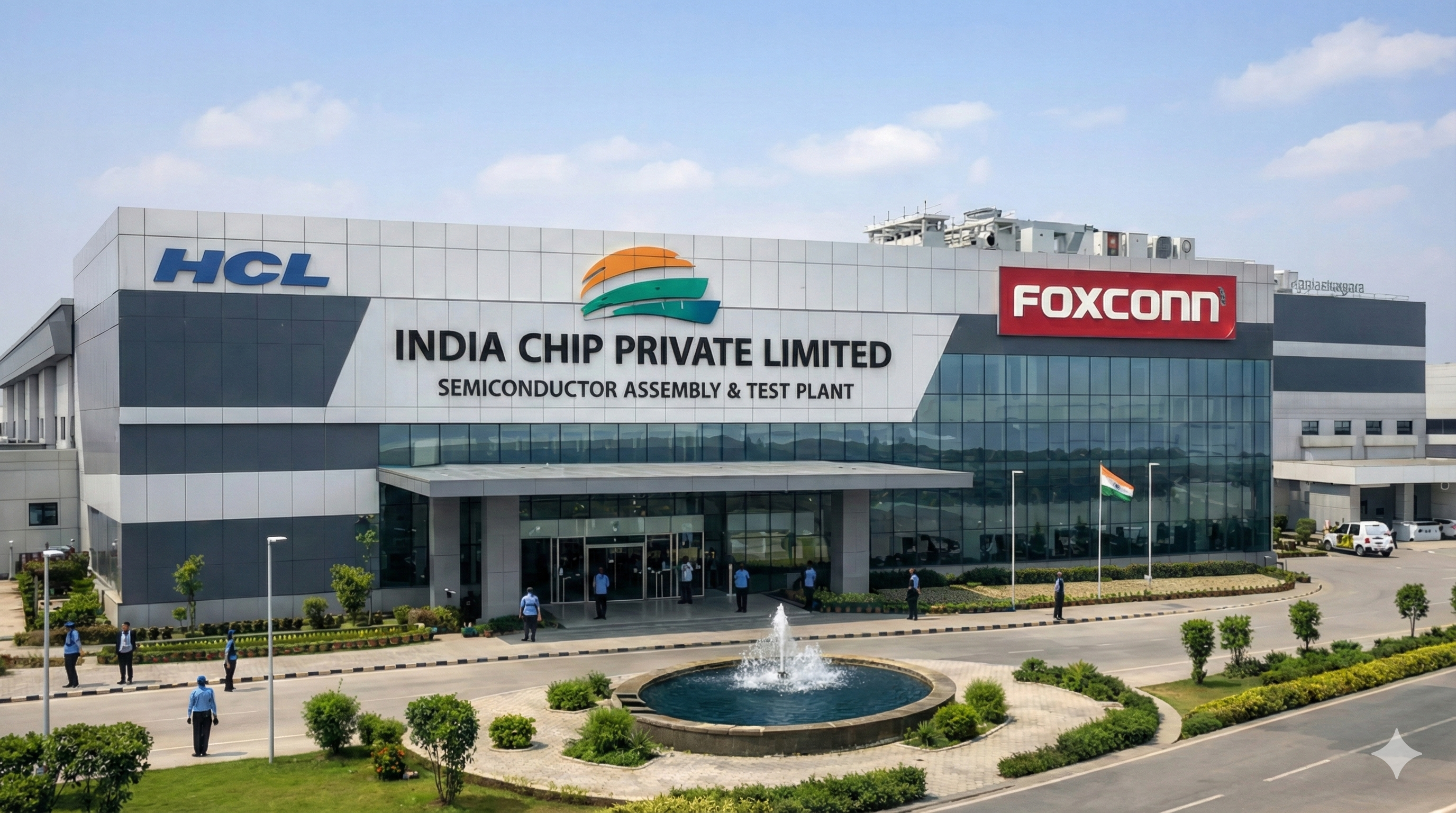 Architectural 3D visualization of the India Chip semiconductor manufacturing plant in Noida, featuring HCL and Foxconn branding, representing India's growing electronics hardware ecosystem.