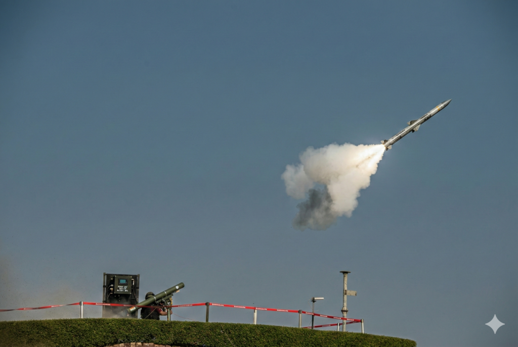 A high-speed VSHORADS missile being launched from a tripod-mounted portable launcher during DRDO flight trials at ITR Chandipur, Odisha.