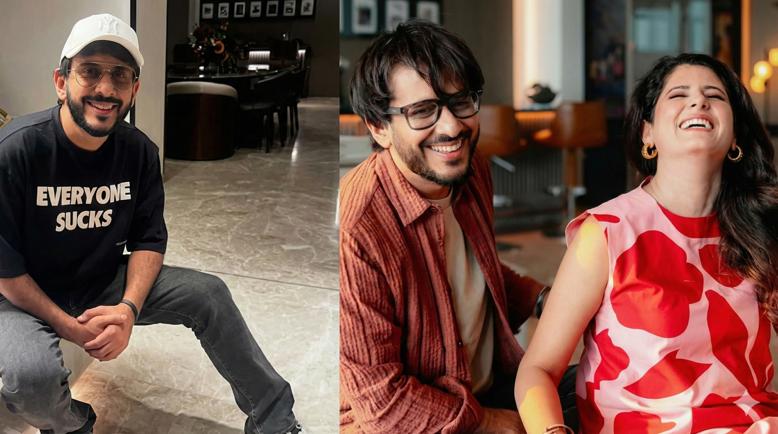 A high-angle interior shot of Aman Gupta's ₹52 crore Gurugram apartment featuring modern open-plan living space, abstract paintings on walls, and large floor-to-ceiling windows.