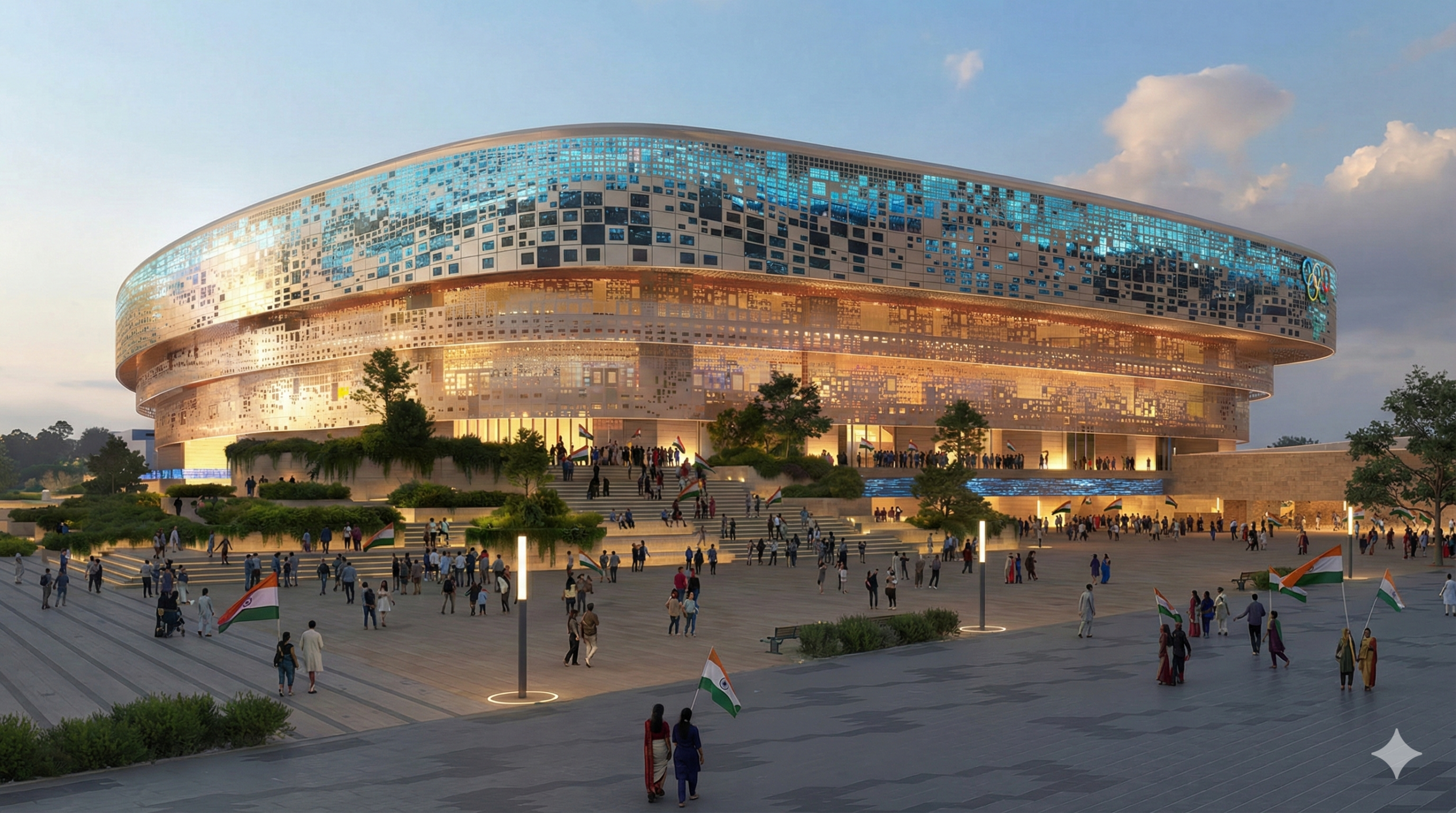 Architectural rendering of the Sardar Vallabhbhai Patel Sports Enclave in Ahmedabad, featuring the Tennis Centre and Indoor Arena designed by BDP and Cox Architecture.