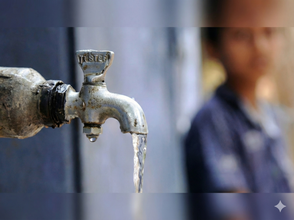 एक पुराने धातु के नल (weathered metal tap) का क्लोज-अप जिसमें से पानी की एक पतली धार और बूंद गिर रही है, और पृष्ठभूमि में एक धुंधला बच्चा दिखाई दे रहा है; यह दिल्ली में जल आपूर्ति की कमी और मरम्मत कार्य का संकेत देता है।