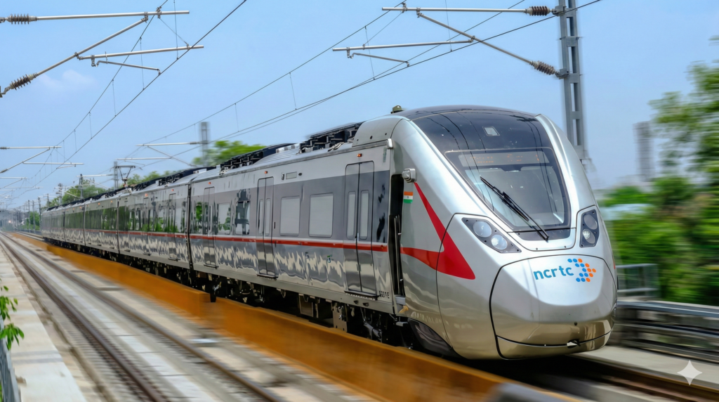 गुरुग्राम-फरीदाबाद-नोएडा नमो भारत रैपिड रेल कॉरिडोर का रूट मैप और हाई-स्पीड ट्रेन का ग्राफिक चित्रण।