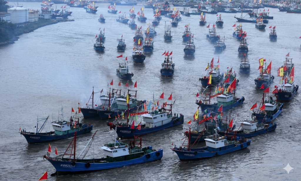 Satellite view of thousands of Chinese fishing boats deployed in a grid formation off the coast of Japan in the East China Sea.