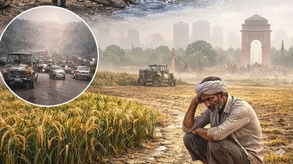 A split image showing dry Himalayan mountains without snow on one side and a hazy, polluted Delhi skyline on the other, representing the impact of weak Western Disturbances.