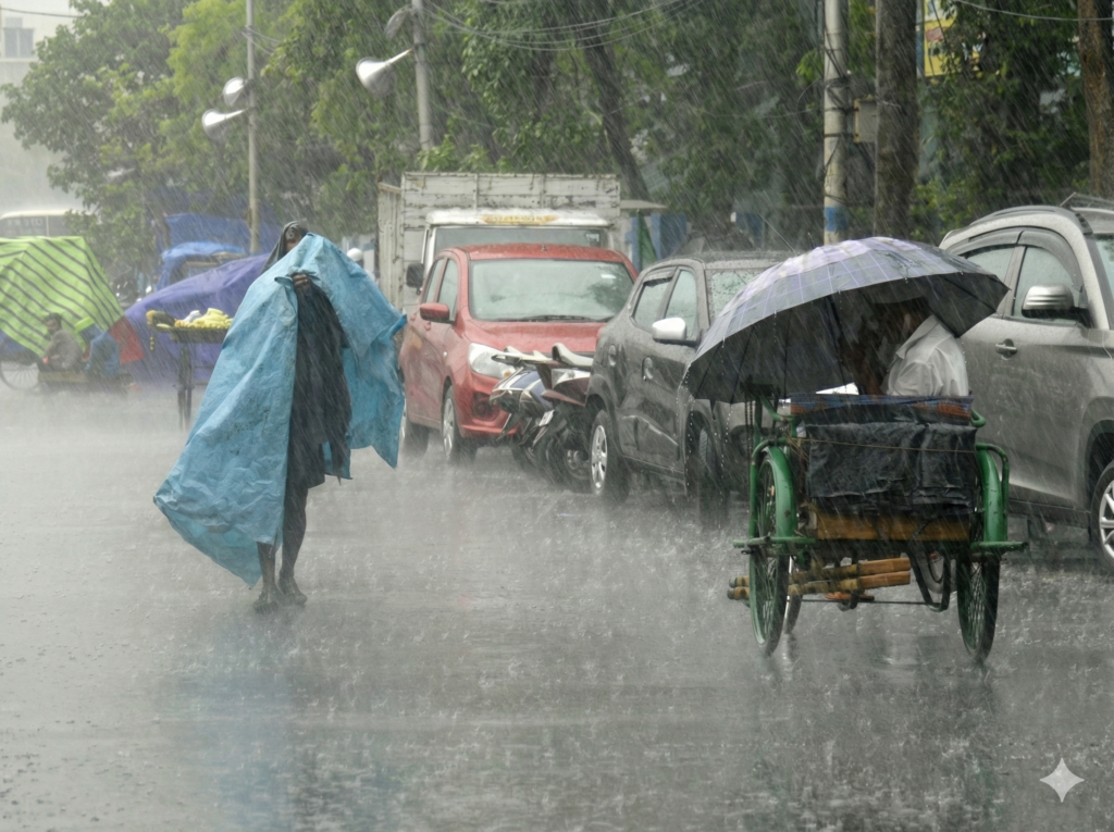 A split-screen graphic showing melting Arctic icebergs on one side and heavy monsoon rain over a map of Western India on the other, illustrating climate connectivity.