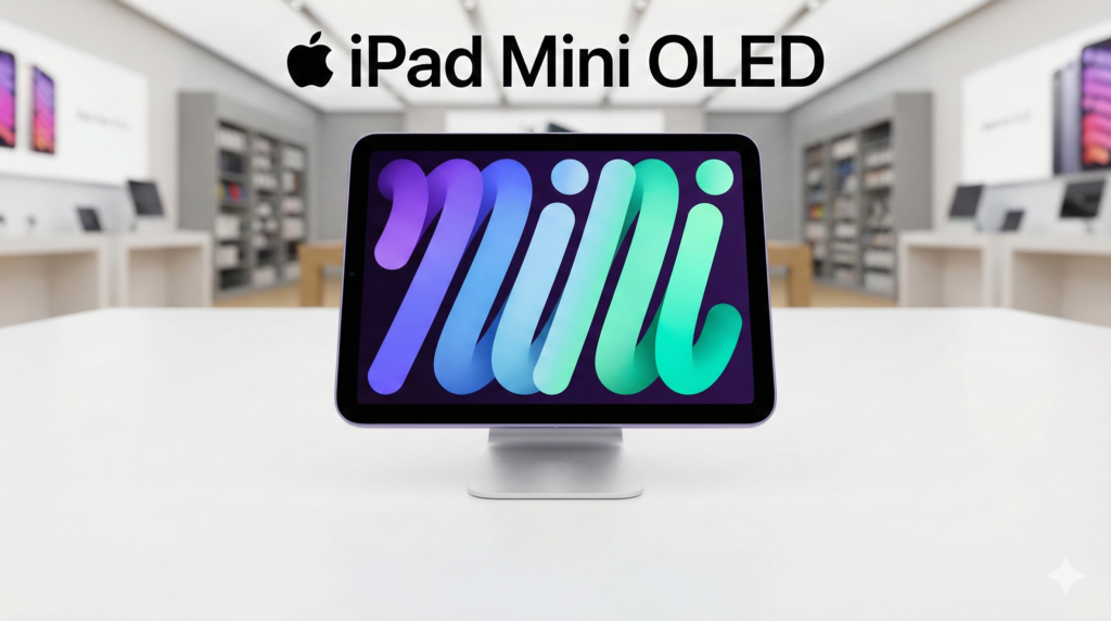 एप्पल आईपैड मिनी 2026 का रेंडर जिसमें ओलेड प्रो-मोशन डिस्प्ले और ए20 प्रो चिपसेट की खूबियों को दर्शाया गया है।