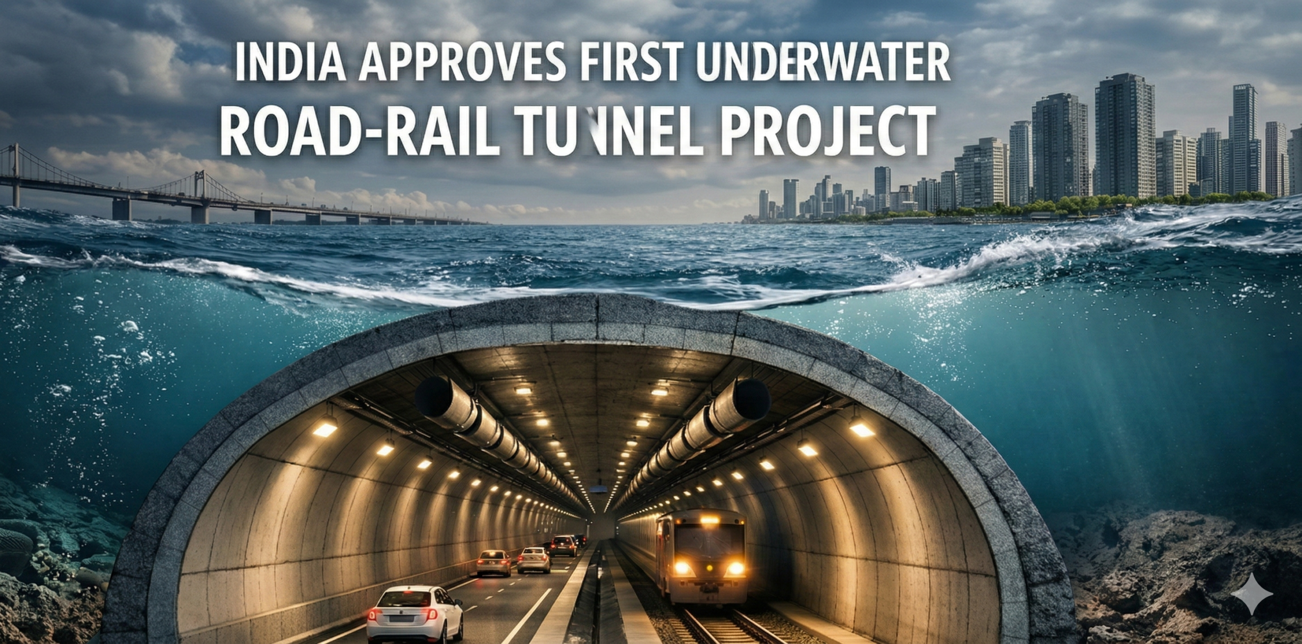 Digital rendering of India's first twin-tube underwater road and rail tunnel project under the Brahmaputra River in Assam.