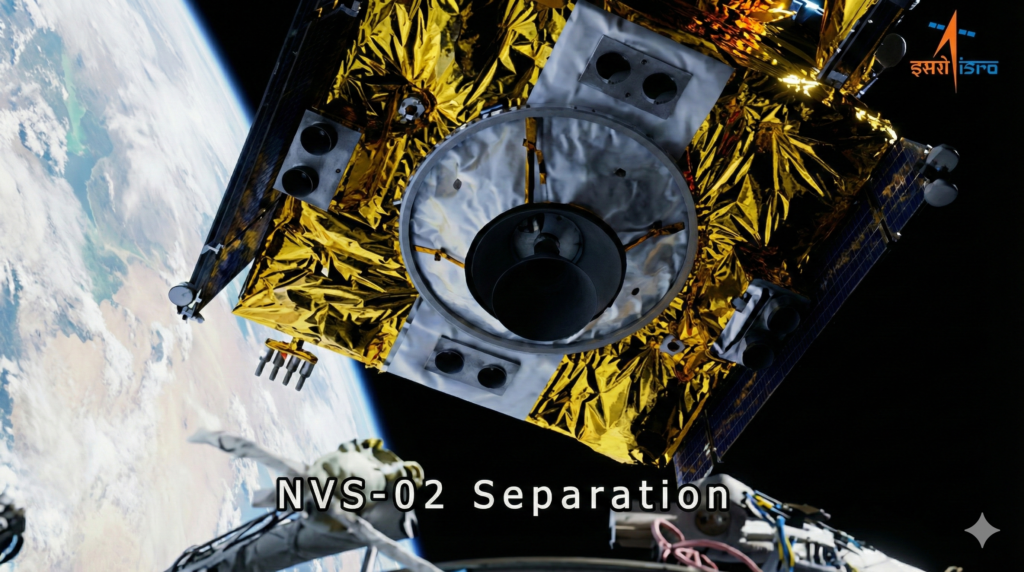Illustration of ISRO's LVM-3 rocket and NVS-02 satellite with a technical diagram showing a pyro valve failure point.