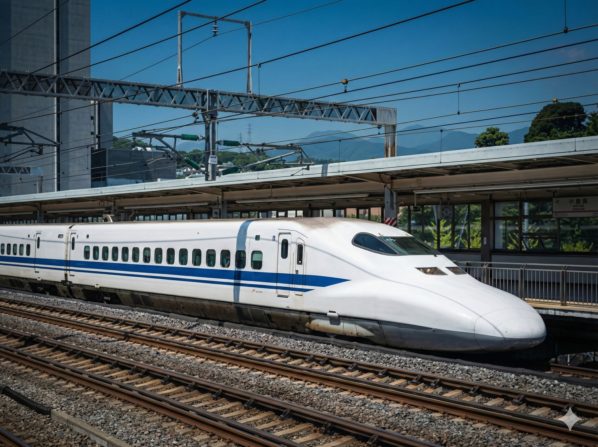 उत्तर प्रदेश के आधुनिक रेलवे स्टेशन से गुजरती हुई हाई-स्पीड सफेद बुलेट ट्रेन का कलात्मक चित्रण।