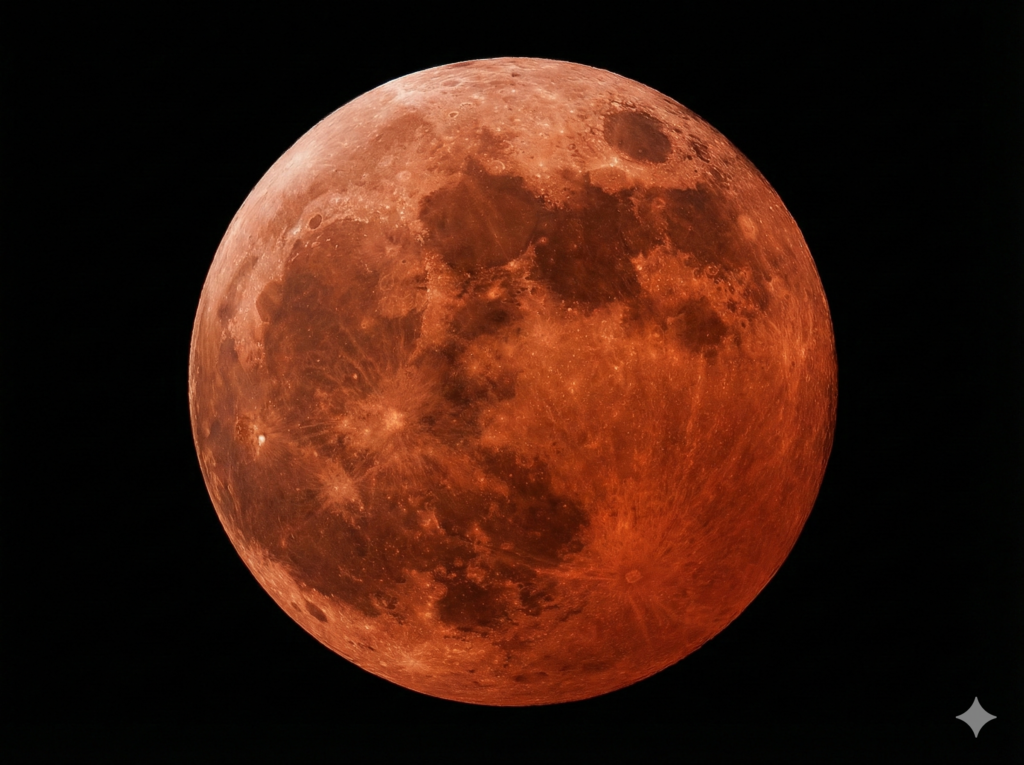3 मार्च, 2026 को होने वाले पूर्ण चंद्र ग्रहण के दौरान गहरे कॉपर-लाल ब्लड मून की एक हाई-डेफिनिशन, डिटेल्ड तस्वीर, जिसमें एकदम काले स्पेस बैकग्राउंड के सामने चांद के बड़े क्रेटर और सतह की बनावट दिख रही है।