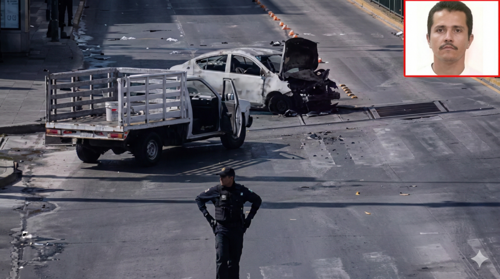 मेक्सिको के मोस्ट वांटेड ड्रग माफिया एल मेंचो (नेमेसियो रुबन ओसेगुएरा) की तस्वीर और मेक्सिकन सेना के ऑपरेशन का सांकेतिक कोलाज।