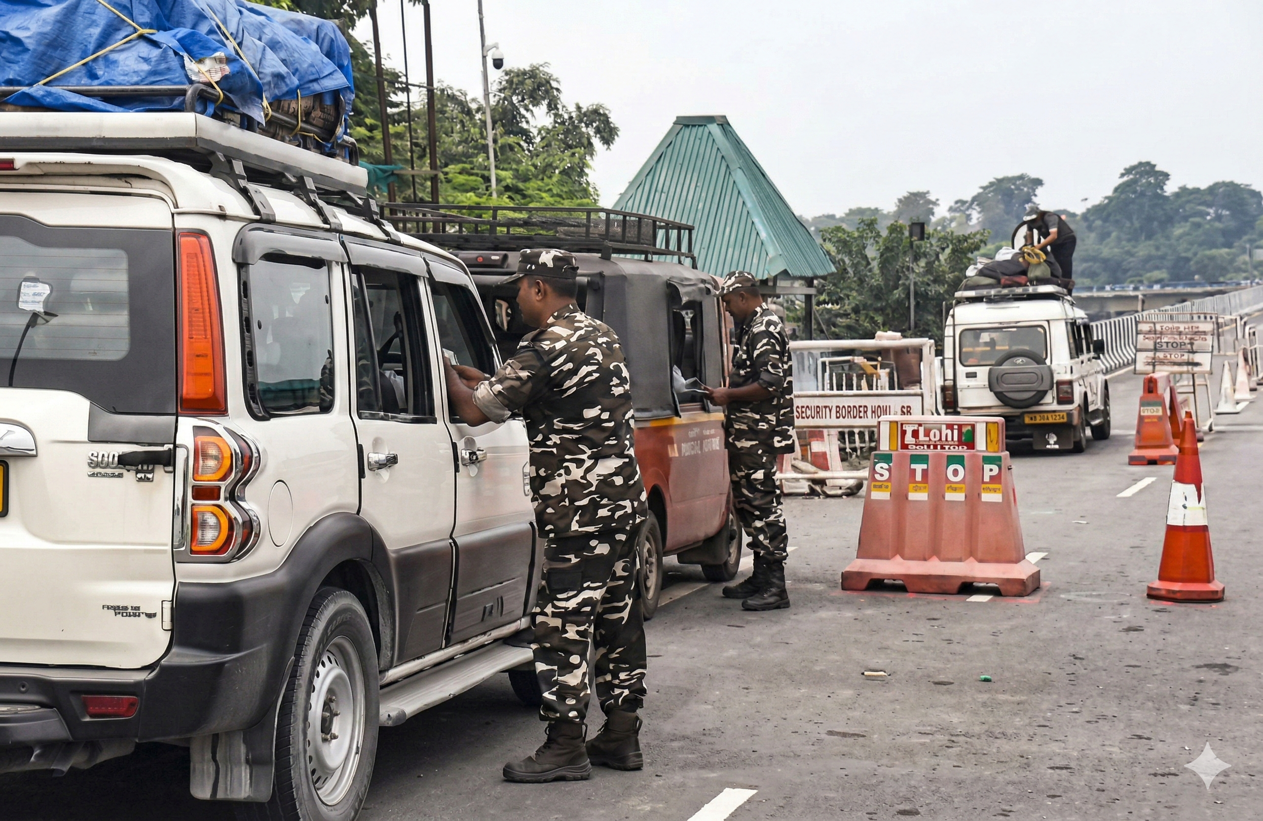 Security force personnel deployed on the India-Nepal border and view of Rumpadiha border checkpost.