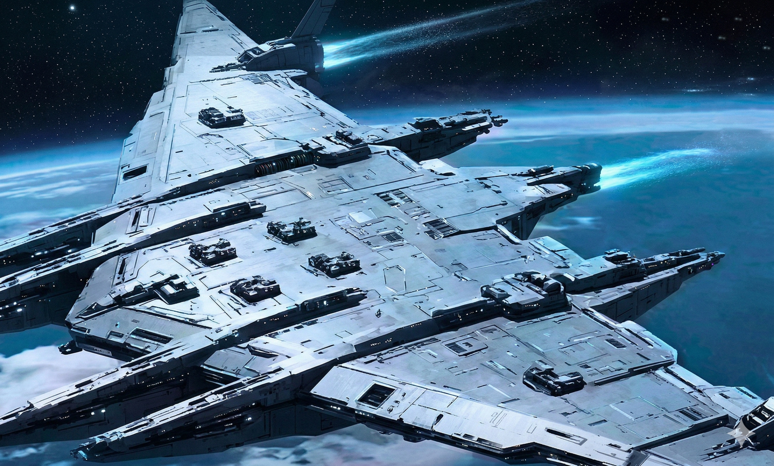 A huge futuristic white 'Luanniao' space aircraft carrier floating in orbit, with tiny 'Xuan Nu' stealth drones flying around it.