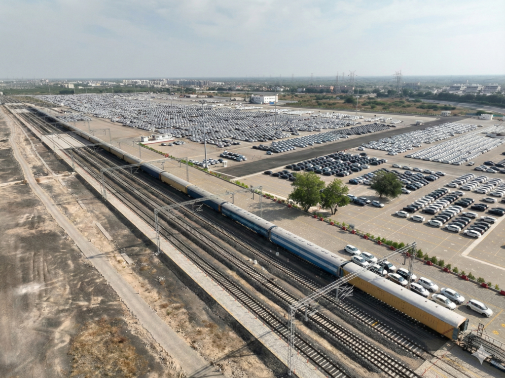 Maruti Suzuki cars being loaded onto a specialized railway rake at the Gujarat plant's dedicated railway siding for eco-friendly transport.