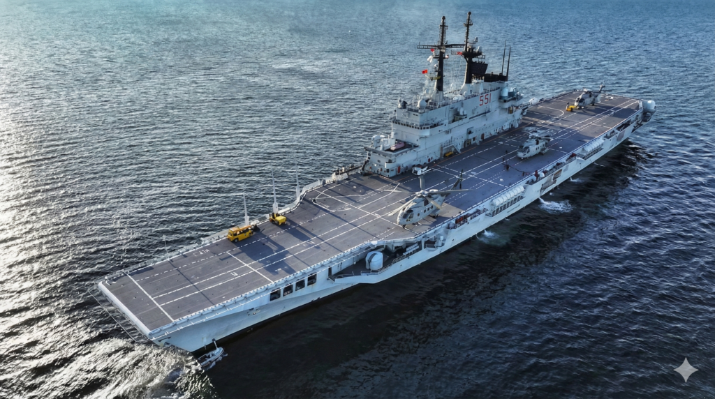 विस्तृत विवरण: समुद्र में चलते हुए इतालवी निर्मित 'ज्यूसेपे गैरीबाल्डी' विमानवाहक पोत का दृश्य, जिसे इंडोनेशियाई नौसेना द्वारा अधिग्रहित किया जा रहा है।