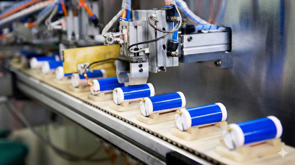 एक आधुनिक फैक्ट्री की असेंबली लाइन पर नीले रंग की वॉटर-बेस्ड बैटरियों का निर्माण कार्य।