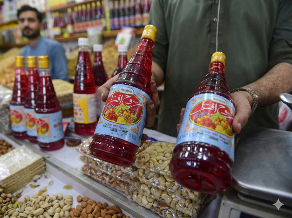 सुप्रीम कोर्ट की बिल्डिंग के साथ हमदर्द रूह अफ़ज़ा की बोतल और 'Tax Cut 12.5% to 4%' का टेक्स्ट ग्राफिक्स।