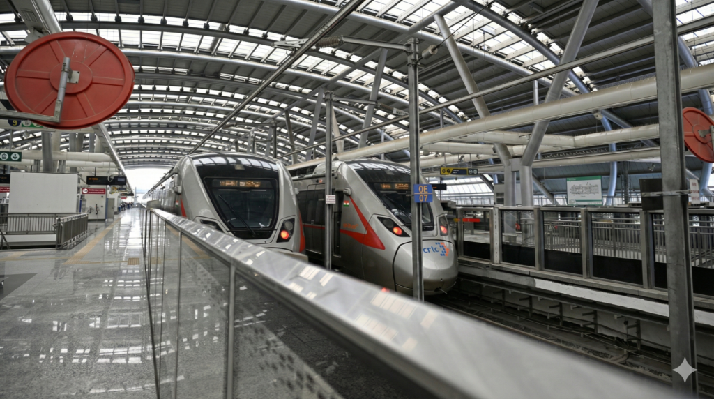 सराय काले खां स्टेशन के प्लेटफॉर्म पर खड़ी आधुनिक नमो भारत RRTS ट्रेन और कोच के भीतर का हाई-टेक डिजिटल स्पीडोमीटर।