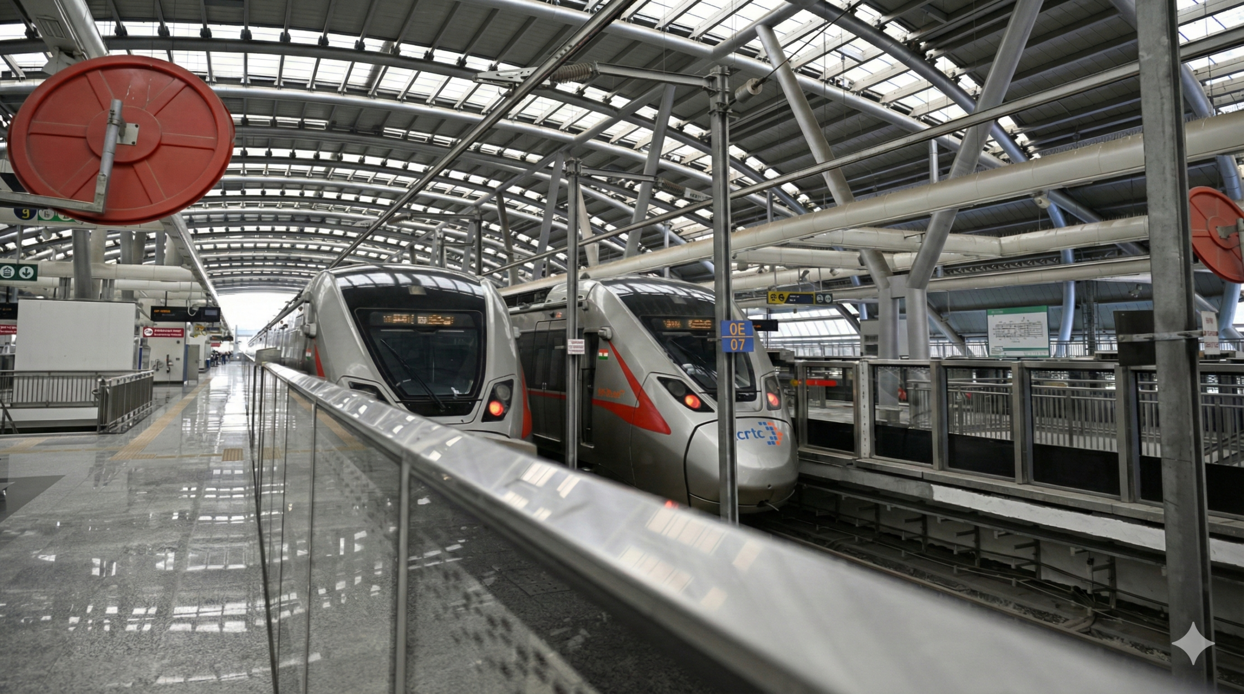 सराय काले खां स्टेशन के प्लेटफॉर्म पर खड़ी आधुनिक नमो भारत RRTS ट्रेन और कोच के भीतर का हाई-टेक डिजिटल स्पीडोमीटर।