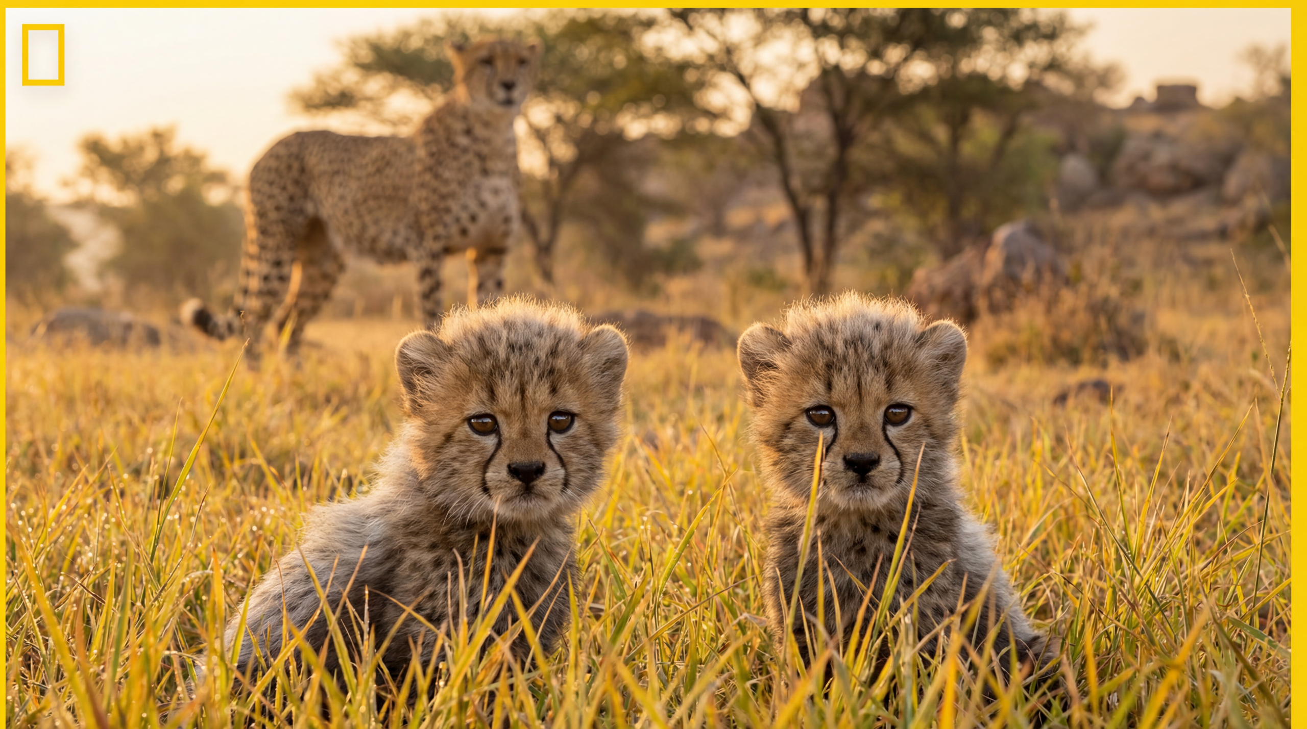 A close-up of fluffy newborn cheetah cubs with silver fur on their backs hiding in the tall grass of Kuno National Park, India.