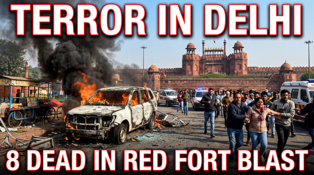 ऊपर लिखा टेक्स्ट (बड़ा, बोल्ड): दिल्ली में आतंक नीचे लिखा टेक्स्ट (अर्जेंट लाल): लाल किले के पास 8 मरे छोटा सबटेक्स्ट: क्या यह टारगेटेड था?