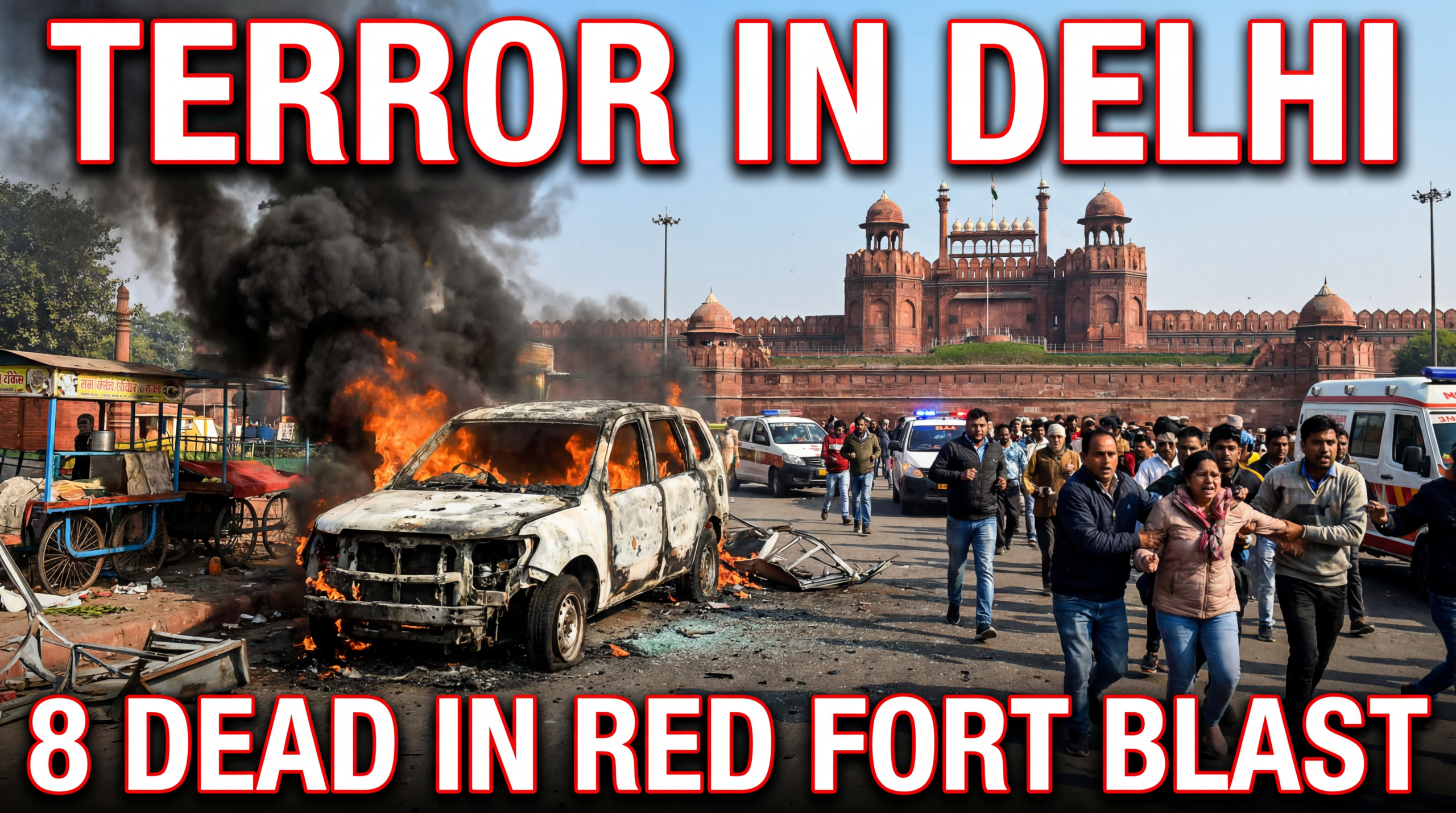 ऊपर लिखा टेक्स्ट (बड़ा, बोल्ड): दिल्ली में आतंक नीचे लिखा टेक्स्ट (अर्जेंट लाल): लाल किले के पास 8 मरे छोटा सबटेक्स्ट: क्या यह टारगेटेड था?