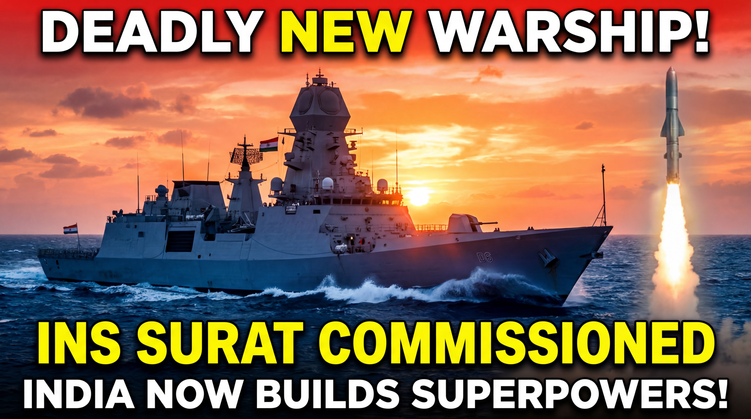 सबसे ऊपर की लाइन (सबसे बड़ा फ़ॉन्ट): जानलेवा नया युद्धपोत! बीच की लाइन (मुख्य बोल्ड): INS सूरत कमीशन किया गया सबसे नीचे की लाइन (प्रभावशाली वाक्यांश): भारत महाशक्तियाँ बना रहा है!
