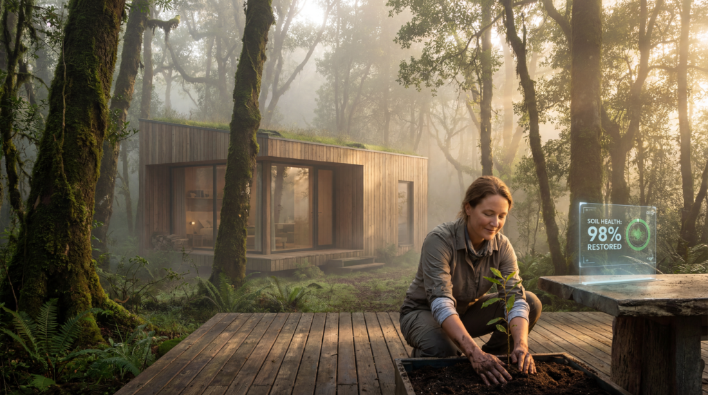 एक यात्री धुंध भरे जंगल में एक हाई-टेक इको-रिट्रीट में पेड़ लगा रहा है, जो 2026 के रीजेनरेटिव टूरिज्म ट्रेंड्स का प्रतीक है।