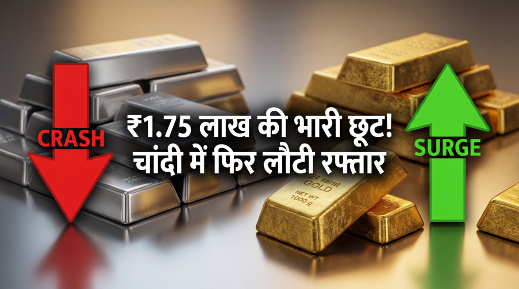 Graphics showing gold biscuits and silver bars, comparing the recent rise and fall in gold-silver rates.
