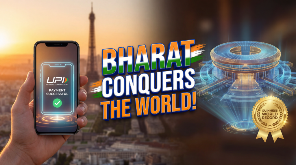 A digital collage showing UPI payment success at the Eiffel Tower and a Guinness World Record certificate for Ethical AI in Delhi, India.