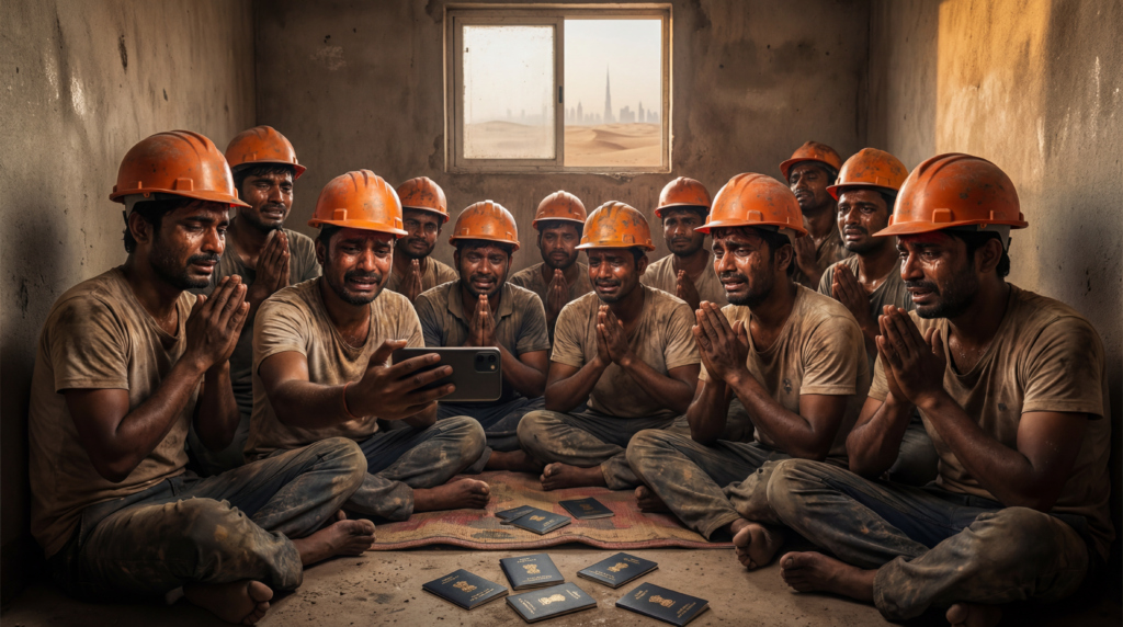 ऊपर की लाइन (ज़्यादा विज़िबिलिटी के लिए बड़े, मोटे लाल/सफेद टेक्स्ट और पीली आउटलाइन):
"UAE के बुरे सपने में फंसे!"
नीचे की लाइन (थोड़ा छोटा मोटा सफेद टेक्स्ट और लाल शैडो):
"झारखंड के 14 मज़दूर मदद की गुहार लगा रहे हैं 😰
कोई सैलरी नहीं, कोई खाना नहीं, पासपोर्ट ज़ब्त!"