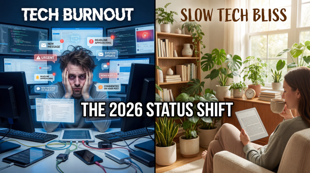 स्प्लिट-स्क्रीन इमेज में टेक ओवरलोड से घिरे एक स्ट्रेस्ड व्यक्ति और एक शांत व्यक्ति को नेचुरल माहौल में एक सिंपल ई-इंक टैबलेट का मज़ा लेते हुए दिखाया गया है, जो धीमे टेक मूवमेंट को दिखाता है।