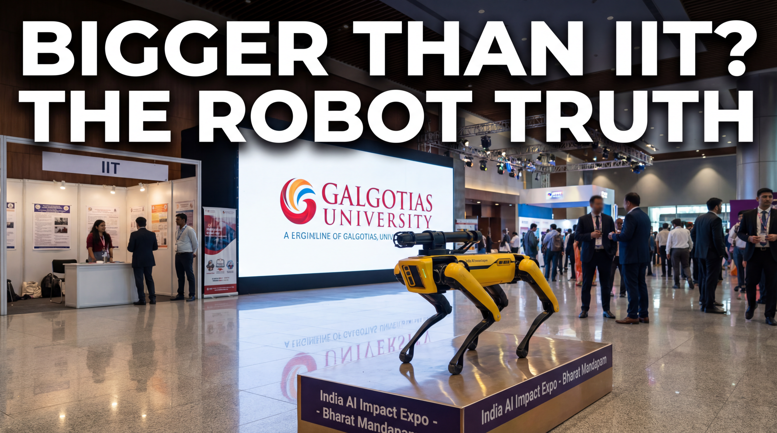 A large Galgotias University stall at the India AI Expo featuring a robotic dog, illustrating the space allotment controversy compared to IIT booths.