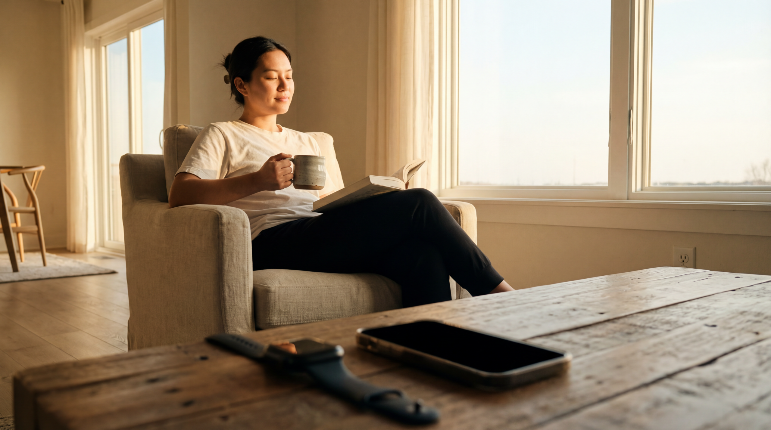 एक व्यक्ति धूप वाले कमरे में शांति से कागज़ की किताब पढ़ रहा है, और पास में एक टेबल पर धुंधला स्मार्टफोन और स्मार्टवॉच रखा है, जो एनालॉग रेनेसां की निशानी है।
