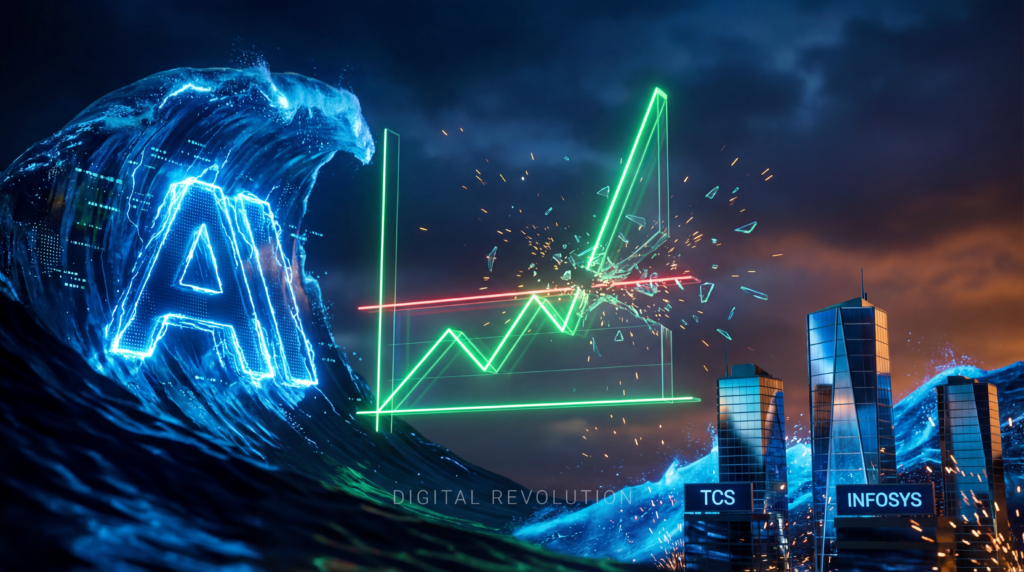 एक 3D फाइनेंशियल ग्रोथ चार्ट जो दिखाता है कि AI रेवेन्यू आसमान छू रहा है, जबकि ट्रेडिशनल IT सर्विस मॉडल्स में रुकावट आ रही है।