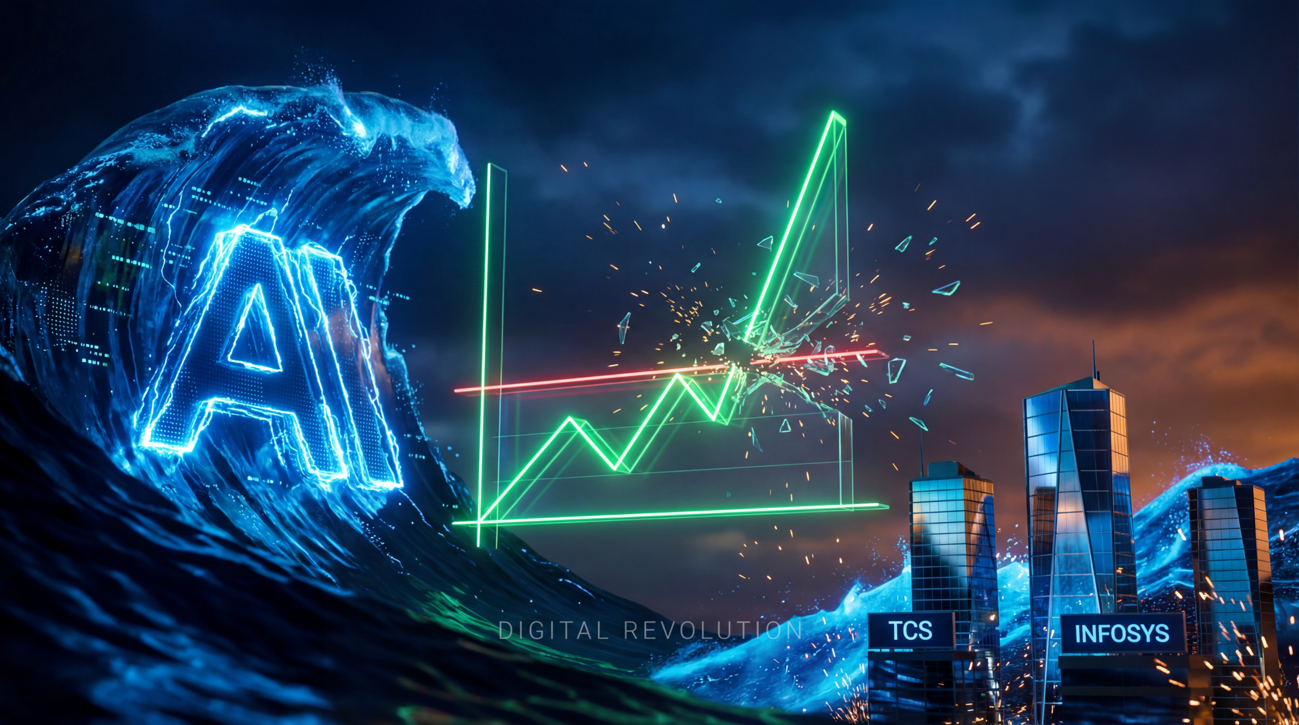 एक 3D फाइनेंशियल ग्रोथ चार्ट जो दिखाता है कि AI रेवेन्यू आसमान छू रहा है, जबकि ट्रेडिशनल IT सर्विस मॉडल्स में रुकावट आ रही है।