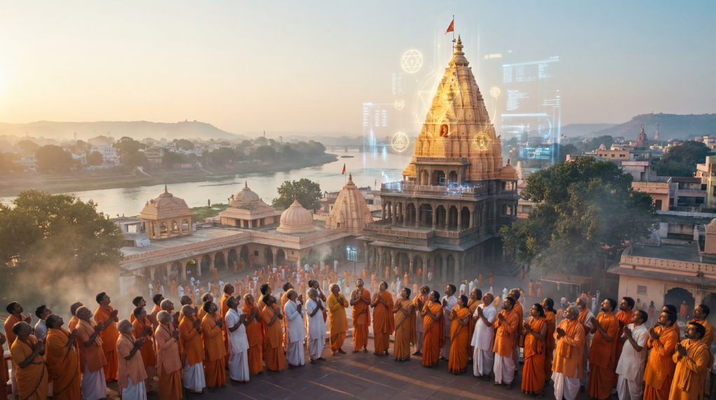 उज्जैन में महाकालेश्वर मंदिर के पुराने पत्थर के आर्किटेक्चर पर सूर्योदय के समय चमकता हुआ एक फ्यूचरिस्टिक डिजिटल AI इंटरफ़ेस।