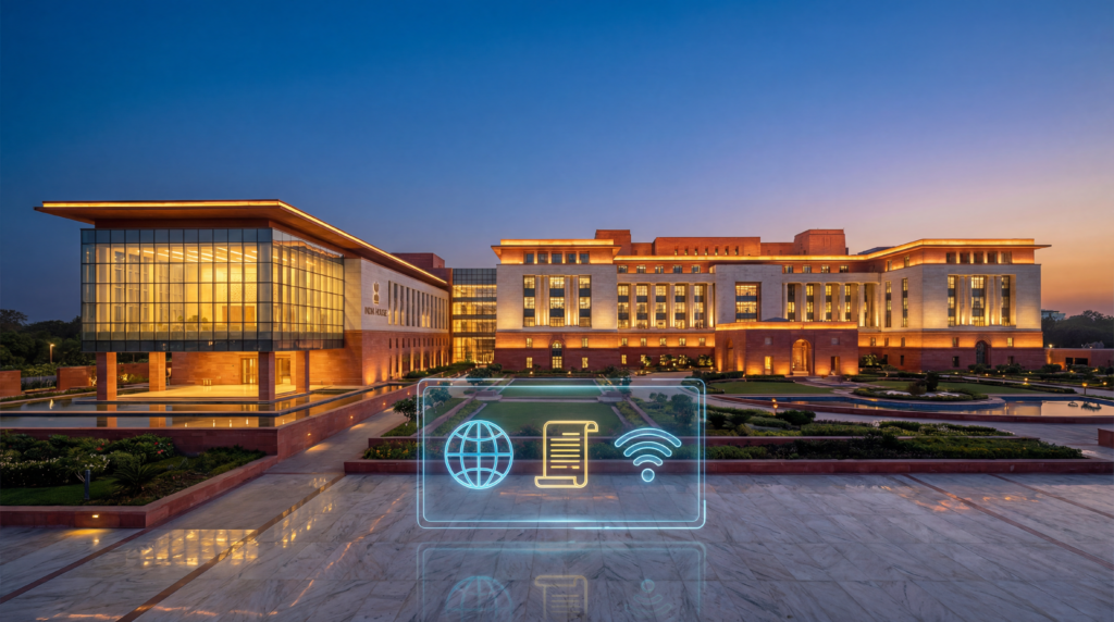 नई दिल्ली में नए हाई-टेक प्रधानमंत्री ऑफिस, सेवा तीर्थ का बाहर का नज़ारा, जिसमें शाम के आसमान के नीचे मॉडर्न सैंडस्टोन आर्किटेक्चर और सस्टेनेबल डिज़ाइन एलिमेंट्स हैं।