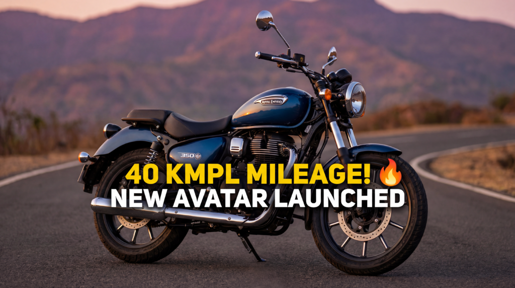 Side profile of the new 2026 Royal Enfield 350 motorcycle featuring a 349cc engine, chrome exhaust, and classic round headlight.