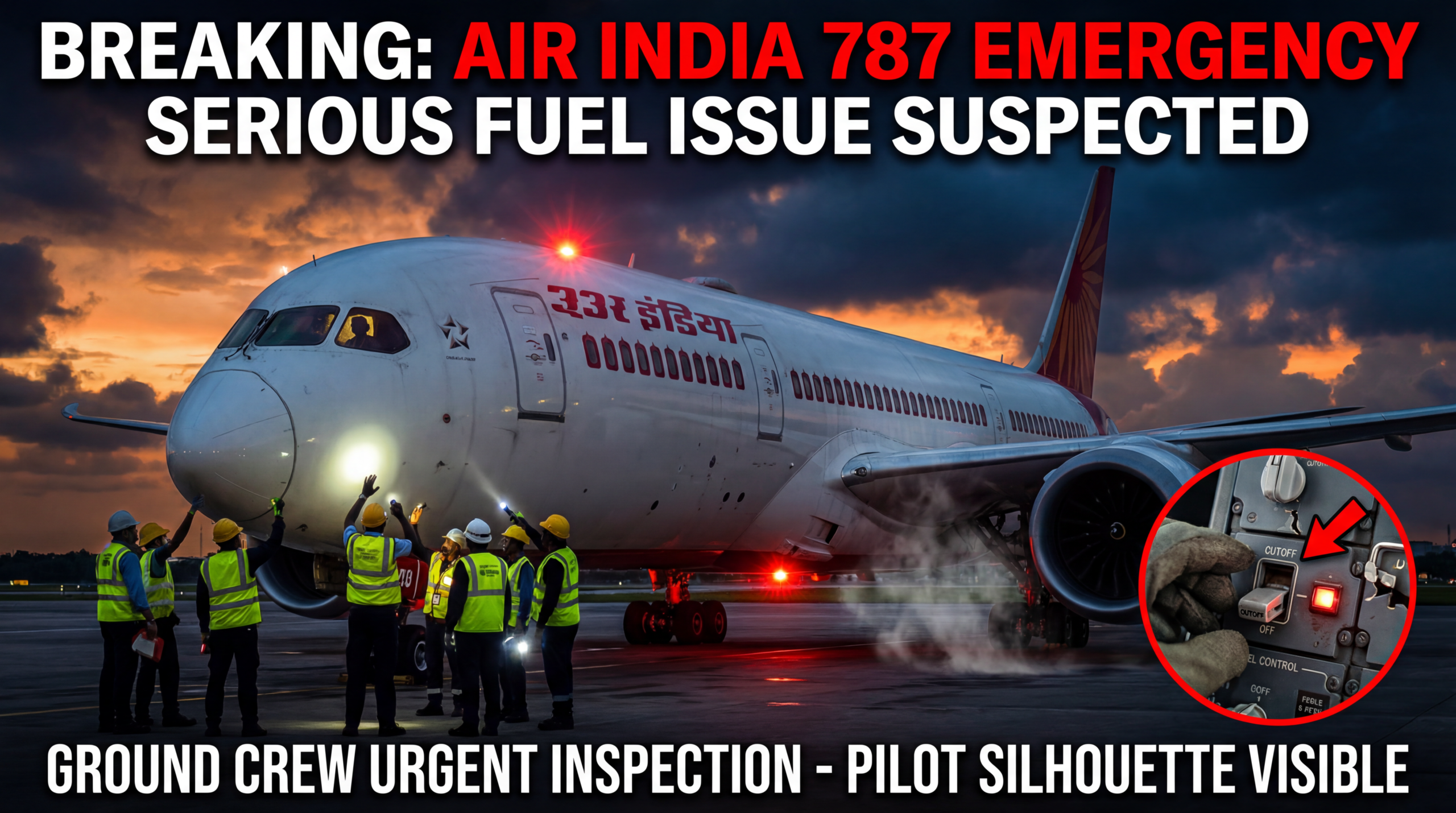 ऊपर का टेक्स्ट (बड़ा, बोल्ड, सफ़ेद और लाल आउटलाइन): खतरनाक फ्यूल स्विच में खराबी बीच का टेक्स्ट (सबसे बड़ा, बोल्ड पीला और काली परछाई): एयर इंडिया पूरे बोइंग फ्लीट की जांच कर रही है नीचे का टेक्स्ट (लाल, अर्जेंट फॉन्ट): चौंकाने वाली घटना के बाद – क्या उड़ानें अभी भी चल रही हैं?