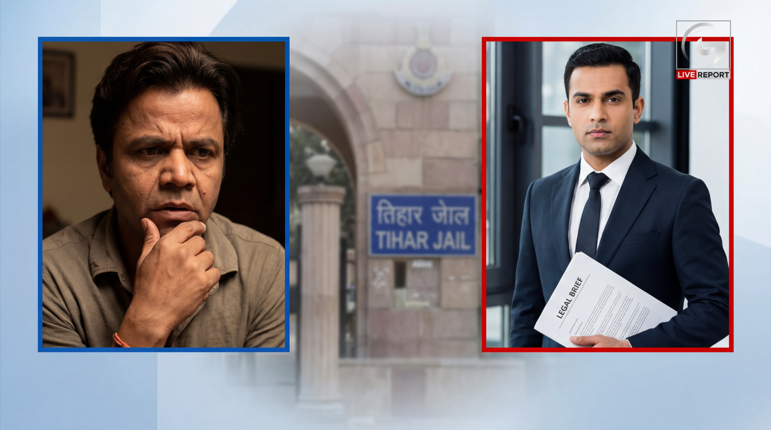 Split screen showing actor Rajpal Yadav and businessman Madhav Gopal Agrawal regarding the legal loan dispute and interim bail news.