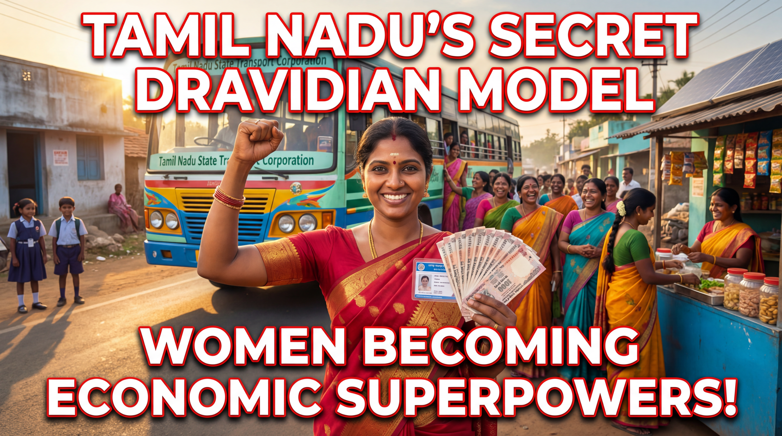 ऊपर की लाइन (बड़ी, बोल्ड): तमिलनाडु का सीक्रेट द्रविड़ मॉडल नीचे की लाइन (थोड़ी छोटी, बोल्ड): महिलाएं रातों-रात गरीबी खत्म कर रही हैं!