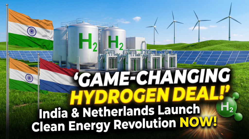मुख्य शीर्षक (ऊपर, बड़े बोल्ड):
गेम-चेंजिंग हाइड्रोजन डील!
उप-शीर्षक (नीचे, मध्यम बोल्ड):
भारत और नीदरलैंड्स ने अभी स्वच्छ ऊर्जा क्रांति शुरू की! 💥🌿