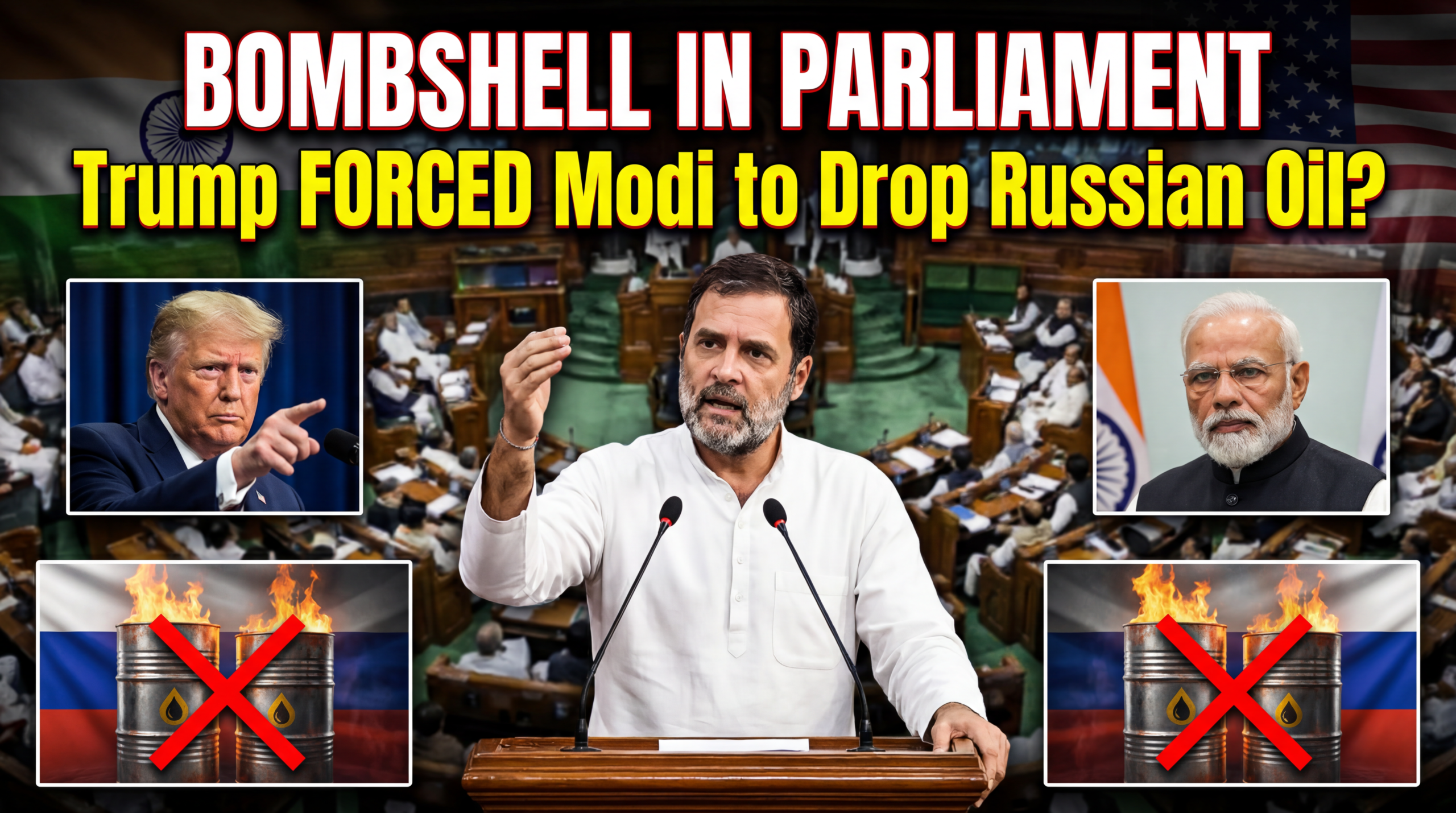 टॉप लाइन (लाल चमक के साथ सफ़ेद): पार्लियामेंट में धमाका मेन सेंटर (बड़ा बोल्ड पीला): ट्रंप ने मोदी को मजबूर किया बॉटम लाइन (लाल): क्या रूसी तेल छोड़ना है? छोटा सबटेक्स्ट (सफ़ेद): क्या भारत की सॉवरेनिटी खतरे में है?