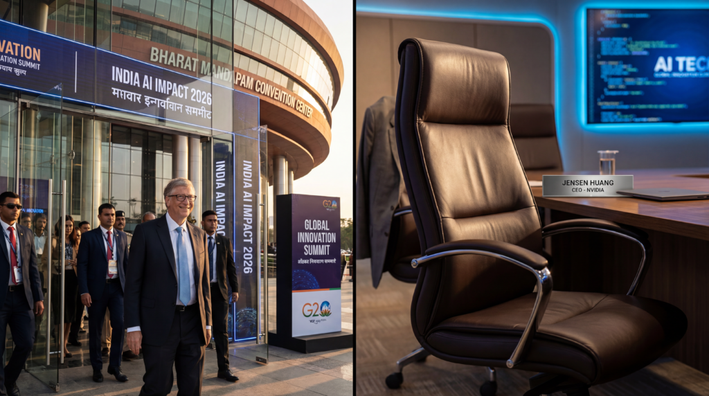 स्प्लिट इमेज में बिल गेट्स 2026 इंडिया AI समिट में एनवीडिया के CEO जेन्सेन हुआंग के लिए रिज़र्व खाली सीट के बगल में एंटर करते हुए दिख रहे हैं।