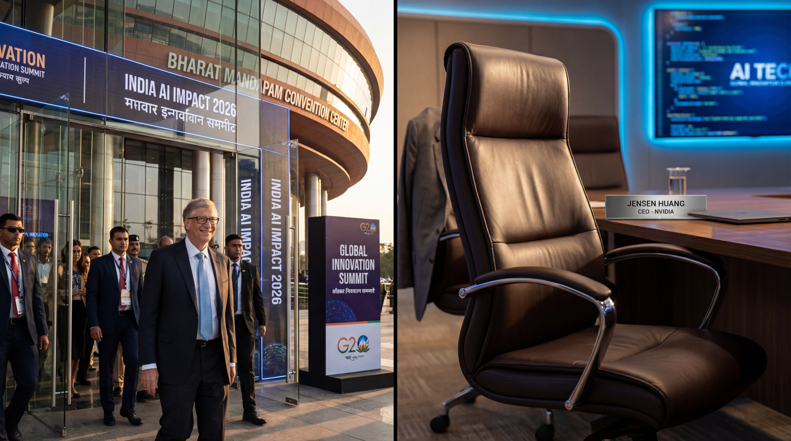 स्प्लिट इमेज में बिल गेट्स 2026 इंडिया AI समिट में एनवीडिया के CEO जेन्सेन हुआंग के लिए रिज़र्व खाली सीट के बगल में एंटर करते हुए दिख रहे हैं।