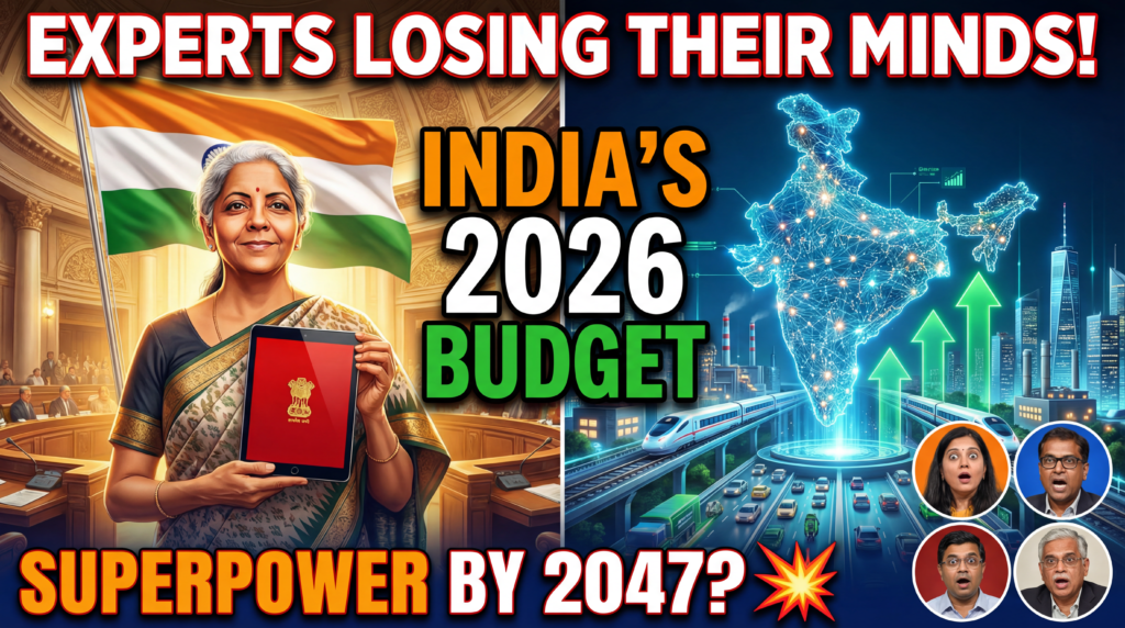 टॉप लाइन (बड़े हैरान करने वाले फॉन्ट): एक्सपर्ट्स अपना दिमाग खो रहे हैं!
मुख्य सेंटर लाइन (सबसे बड़ा बोल्ड): भारत का 2026 का बजट
बॉटम लाइन (विस्फोटक स्टाइल): सुपरपावर 2047 का ब्लूप्रिंट!