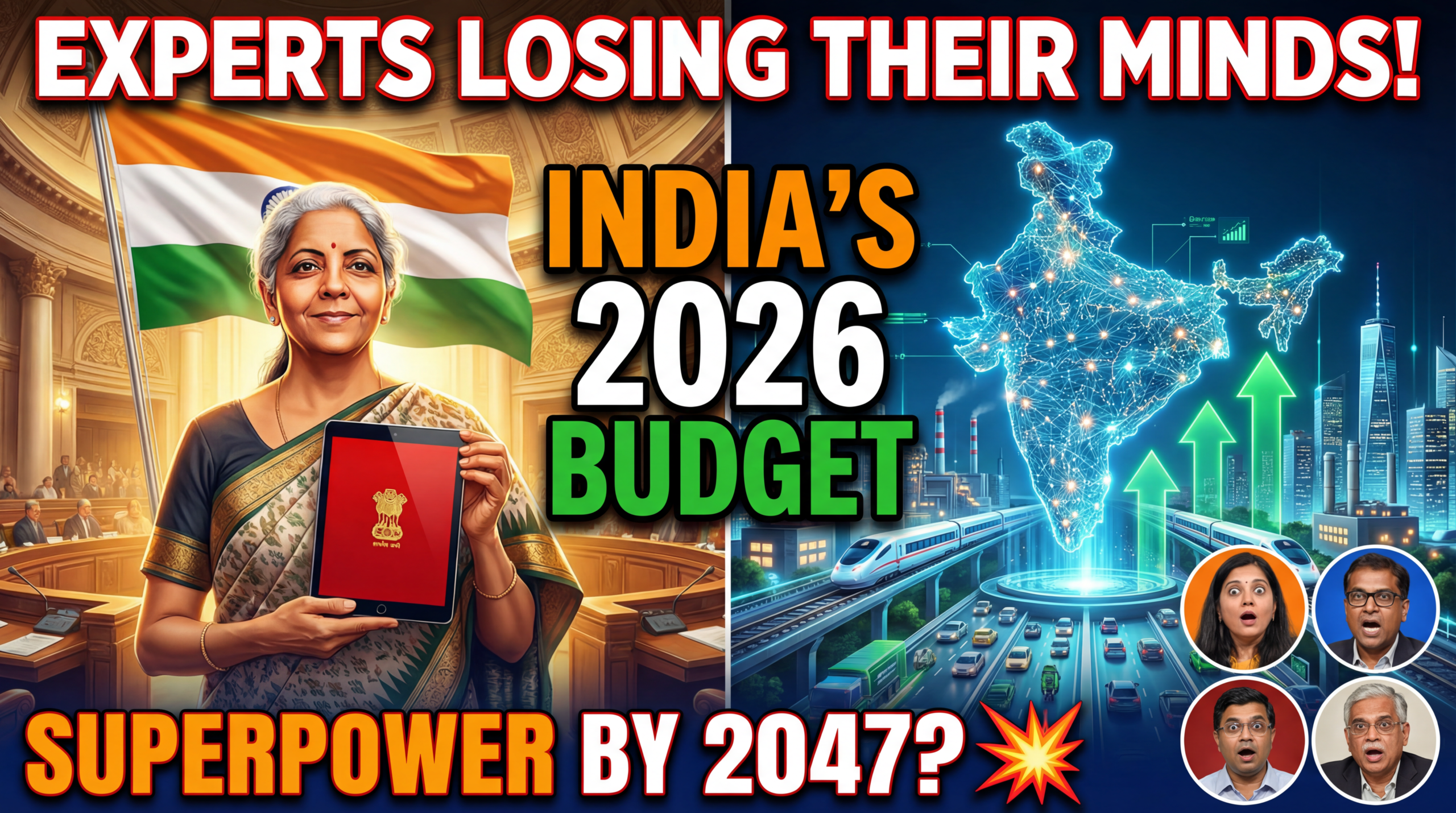 टॉप लाइन (बड़े हैरान करने वाले फॉन्ट): एक्सपर्ट्स अपना दिमाग खो रहे हैं! मुख्य सेंटर लाइन (सबसे बड़ा बोल्ड): भारत का 2026 का बजट बॉटम लाइन (विस्फोटक स्टाइल): सुपरपावर 2047 का ब्लूप्रिंट!