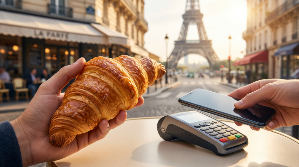 A person using a smartphone to pay for a fresh croissant at a Parisian bakery with the Eiffel Tower in the background.