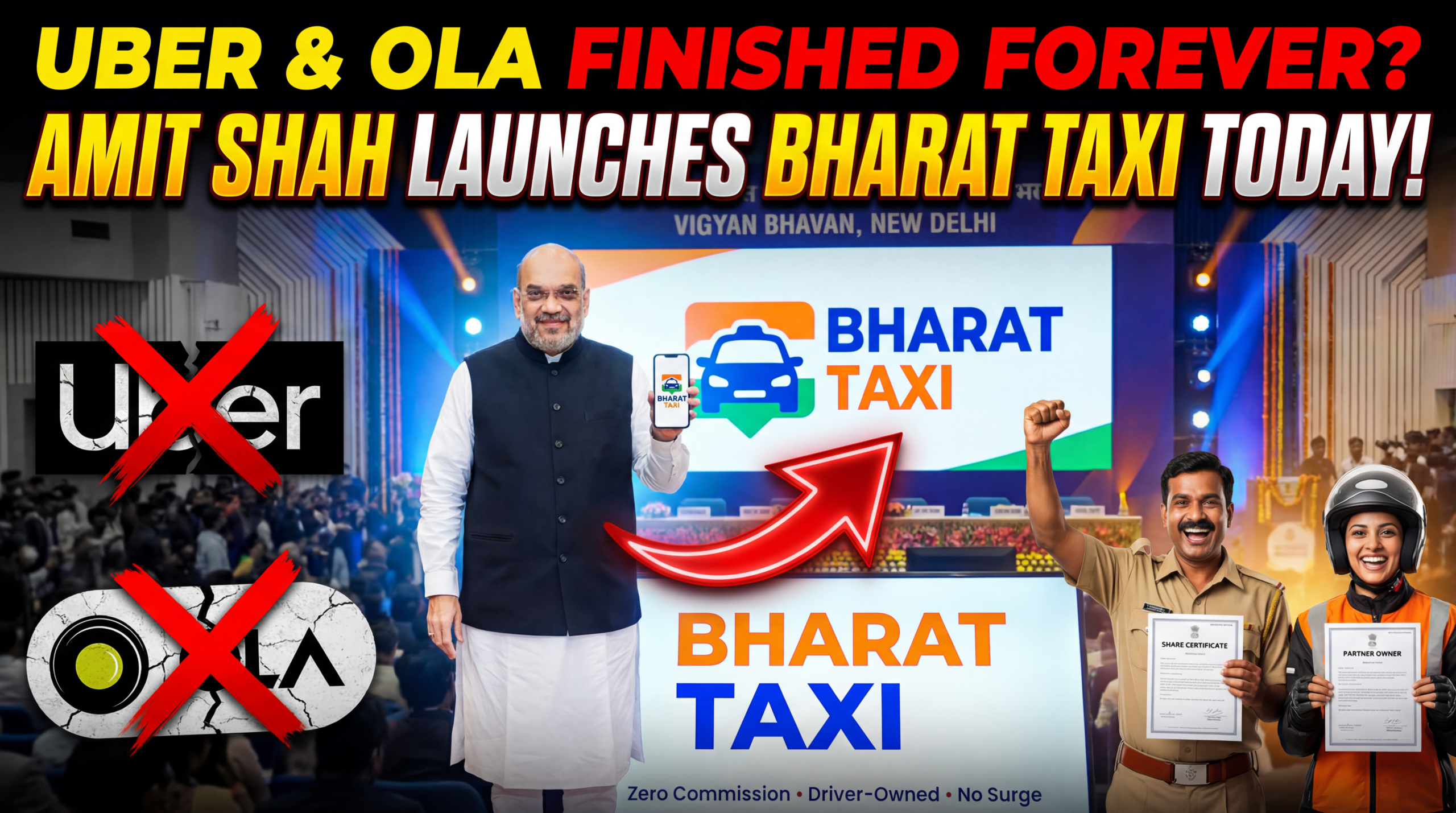टॉप लाइन: उबर और ओला हमेशा के लिए खत्म? मेन लाइन (सबसे बड़ी): अमित शाह ने आज भारत टैक्सी लॉन्च की! बॉटम लाइन: ज़ीरो कमीशन • ड्राइवर मालिक बनेंगे • सर्ज प्राइसिंग खत्म